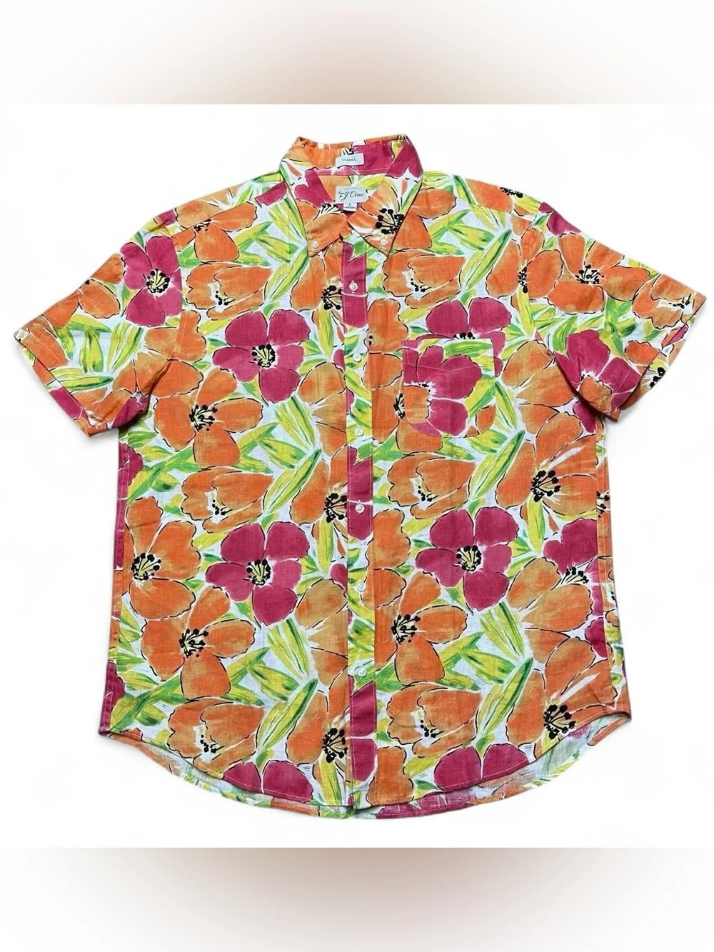 J.Crew 100% Linen Short Sleeve Shirt Hawaiian Floral Size Large Classic Fit